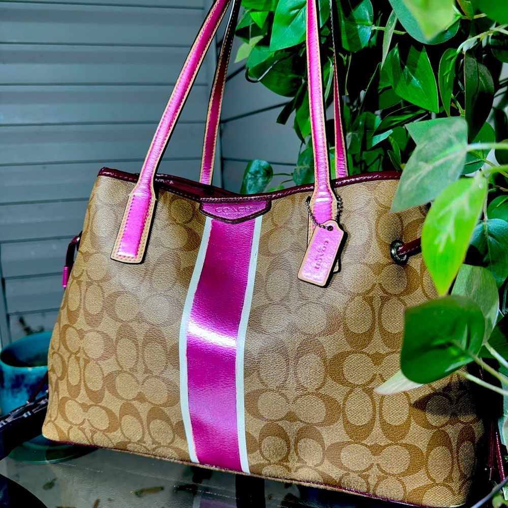 METALLIC Fushia & Tan Signature Coach Coated Canvas Large Purse